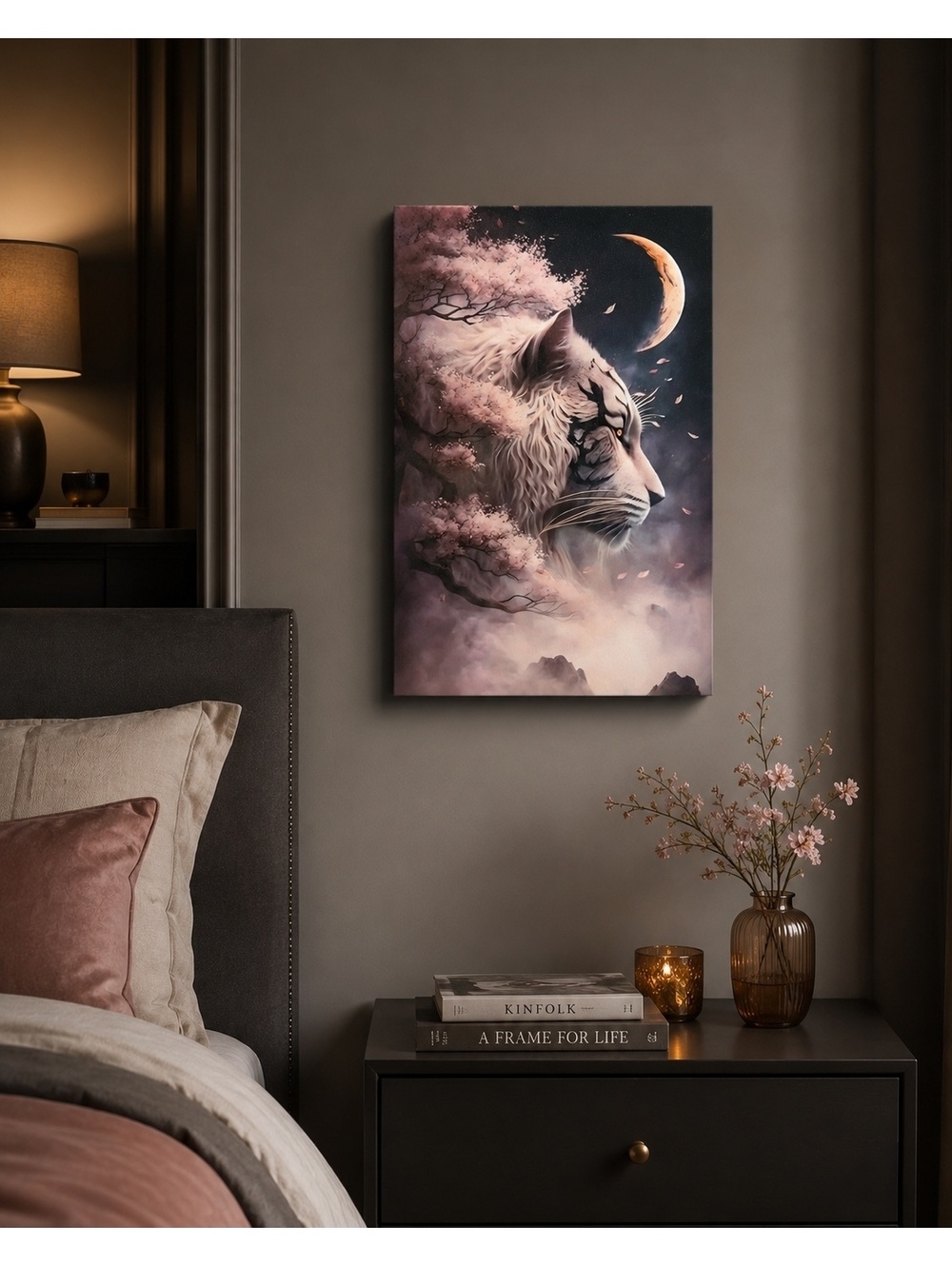 Mystical White Tiger Moon & Cherry Blossom Canvas Wall Art 18x12